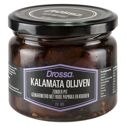Drossa Kalamata olijven met rode paprika en kruiden